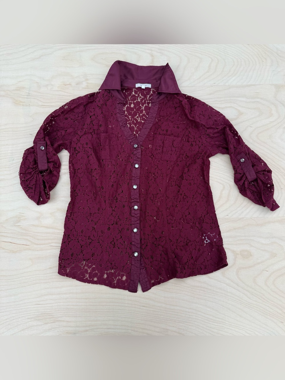 Halo Burgundy Dark Red Lace Button Down Top Blouse Shirt size M